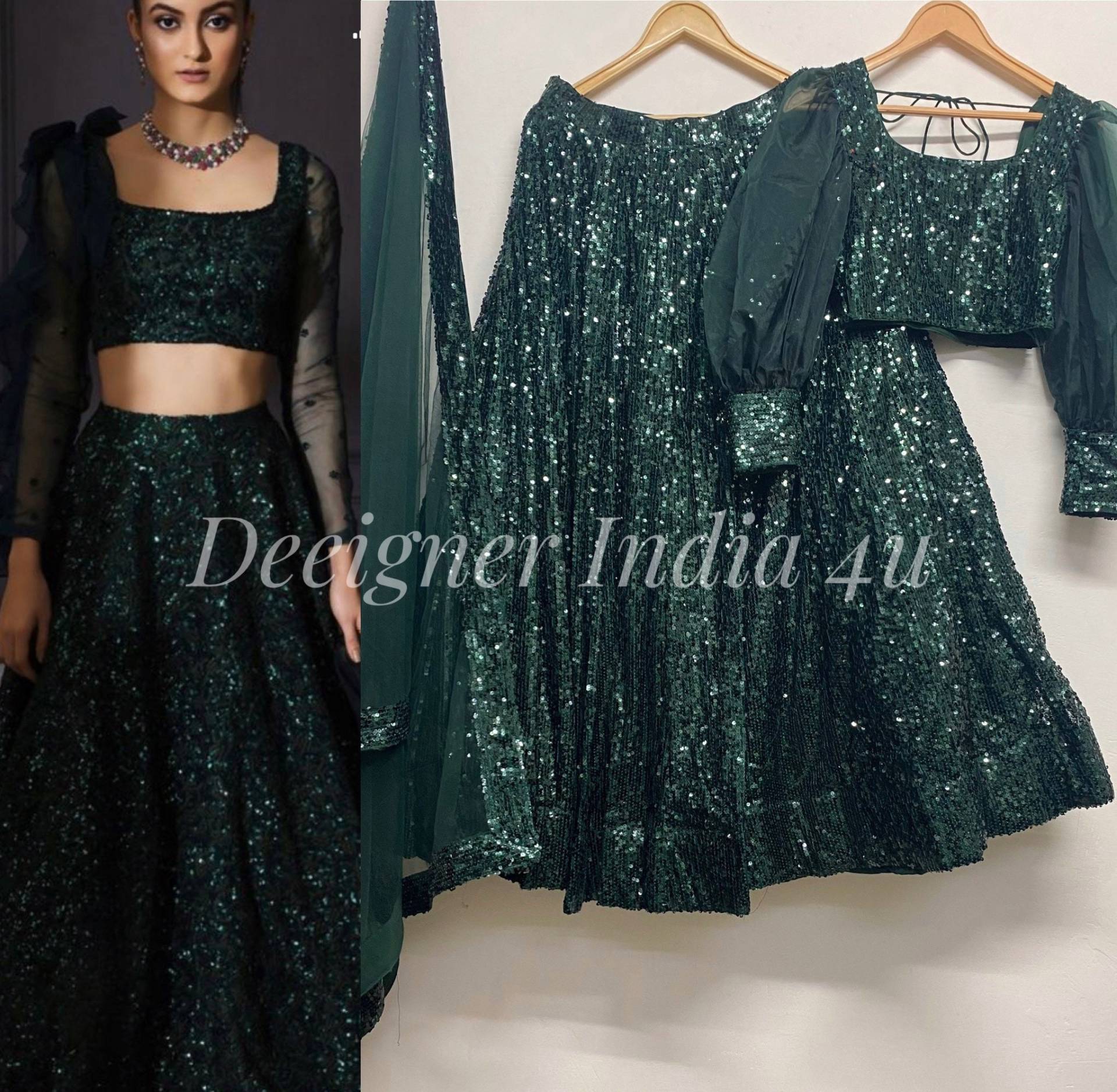 Grüne Pailletten Netz Bluse Lehenga Für Frauen & Mädchen Mit Langem Top Ghagra Choli - Outfit Maßanfertigung von Designerindia4u