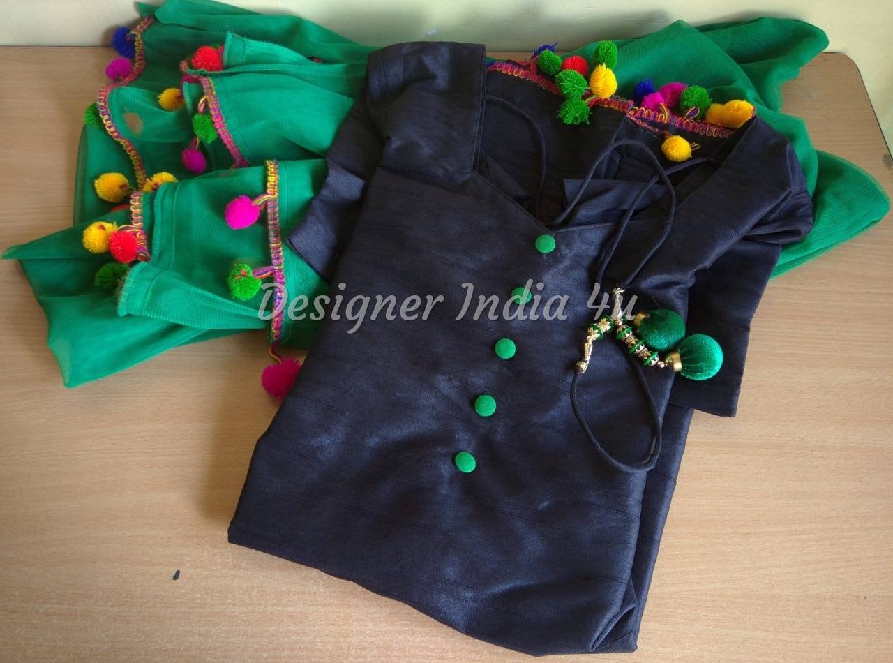 Schwarzer Seiden Punjabi Anzug Patiala Salwar Kameez Mit Pom Dupatta von Designerindia4u