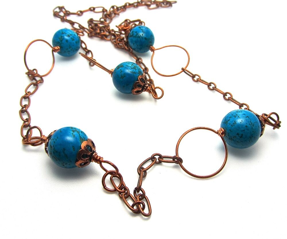 Lange Kette Halskette - Tiefe Türkis Magnesit Kupfer Perlen Ein Von Einer Art von DesigningIt