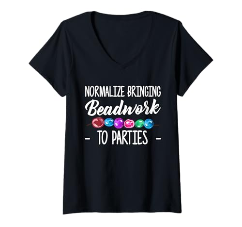 Damen Normalize Bringing Beadwork To Parties Beading T-Shirt mit V-Ausschnitt von Designs Handgemachter Schmuck Perlen Kunst