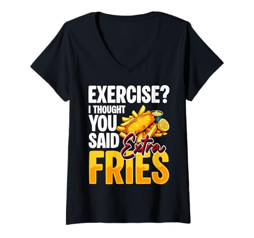 Damen Exercise? I Thought You Said Extra Fries Fish Fry T-Shirt mit V-Ausschnitt Damen Exercise? I Thought You Said Extra Fries Fish Fry T-Shirt mit V-Ausschnitt von Designs Lustige Ideen mit gebratenem Fisch