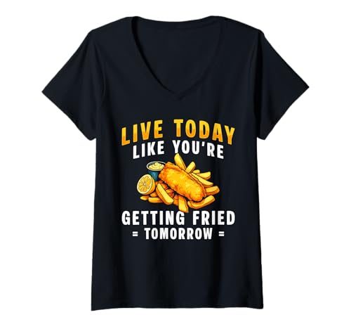 Damen Live Today Like Youre Getting Fried Tomorrow Fish Fry T-Shirt mit V-Ausschnitt Damen Live Today Like Youre Getting Fried Tomorrow Fish Fry T-Shirt mit V-Ausschnitt von Designs Lustige Ideen mit gebratenem Fisch