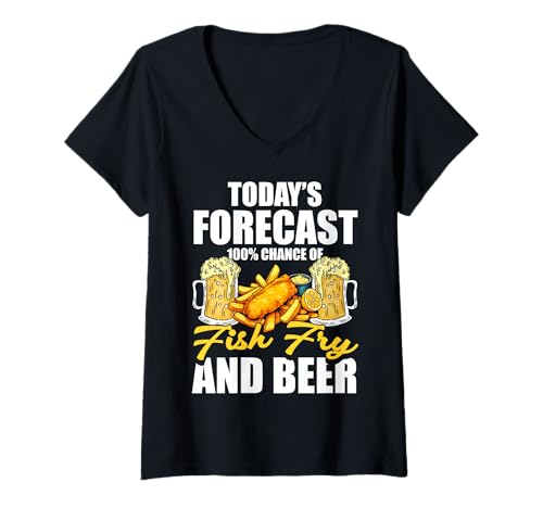 Damen Todays Forecast 100% Chance of Fish Fry and Beer T-Shirt mit V-Ausschnitt Damen Todays Forecast 100% Chance of Fish Fry and Beer T-Shirt mit V-Ausschnitt von Designs Lustige Ideen mit gebratenem Fisch