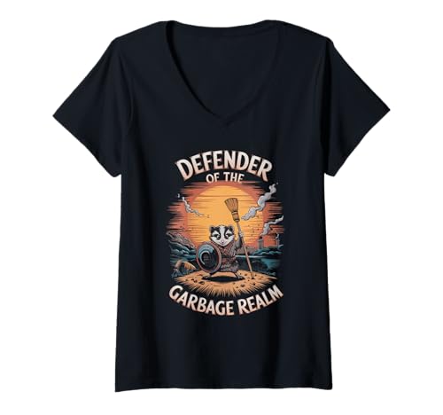 Damen Defender Of The Garbage Realm Lustiger Waschbär-Besenschild T-Shirt mit V-Ausschnitt von Designs You Like