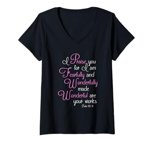 Damen Furchtvoll und wunderbar gemacht.Psalm 139:14 T-Shirt mit V-Ausschnitt Damen Furchtvoll und wunderbar gemacht.Psalm 139:14 T-Shirt mit V-Ausschnitt von Designs by Alondra