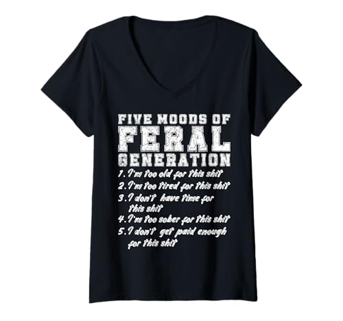 Damen 5 Stimmungen der Feral Generation X Grunge Distressed Style Gen X T-Shirt mit V-Ausschnitt von Designs for Older Generation X-ers