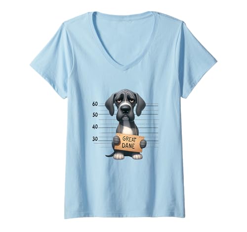 Damen Lustige Deutsche Dogge Mugshot Hund Cartoon T-Shirt mit V-Ausschnitt von Designs für Doggen Fans und Hundeliebhaber