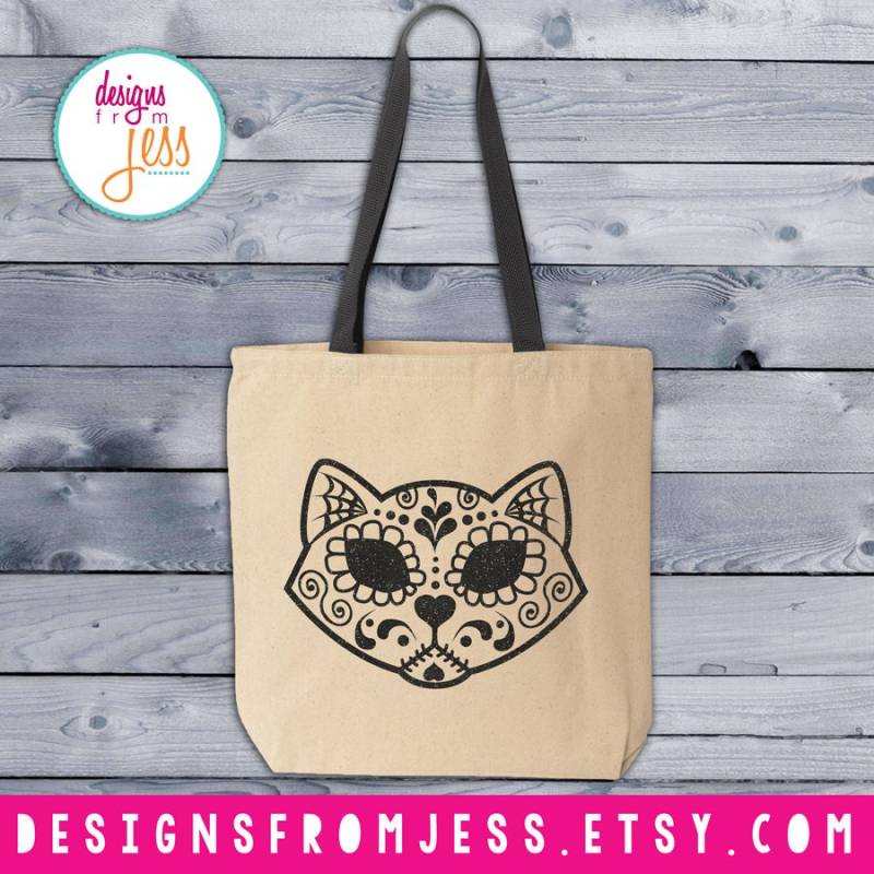Schwarze Glitzer Kitty Sugar Skull Canvas Tragetasche von DesignsFromJess