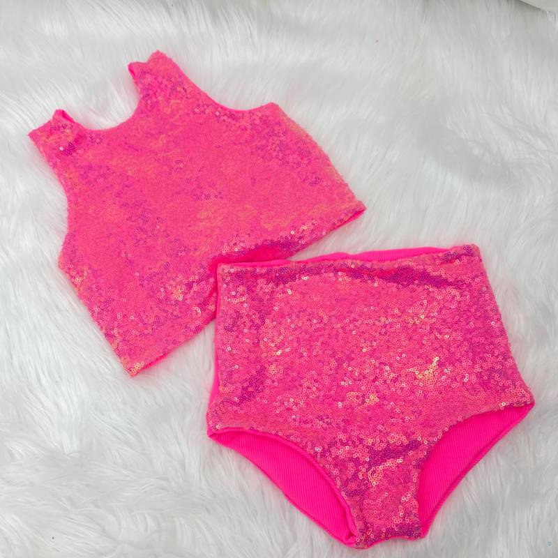 Fuchsia Pailletten Zweiteiler Set. Glitter Irisierende Zurück Binden Crop Top Und Hohe Taille Unten. Pink Mode Outfit von DesignsbyJimena