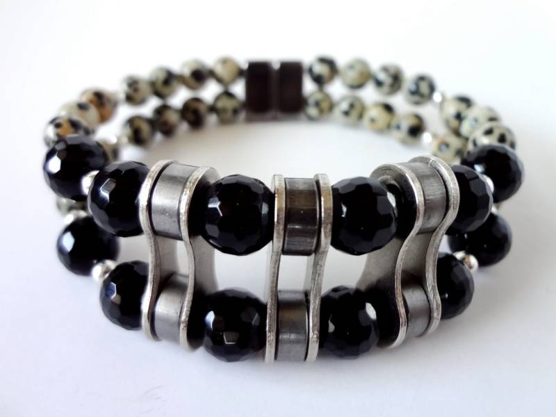 Onyx/Dalmation Jaspis Edelstein Doppelstrang Recyceltes Fahrrad Ketten Gliederarmband, Schmuck, Armband von DesignsbySharonVa