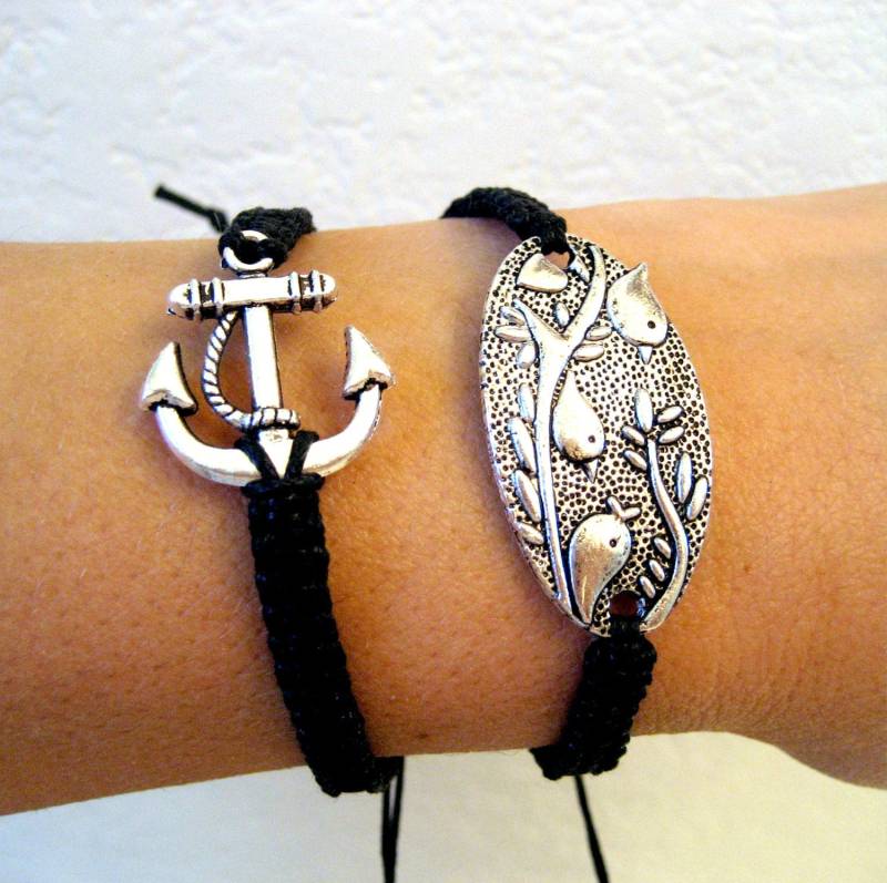 3 Vögelchen Oval Quadrat Knoten Bettelarmband Verstellbar Schwarz Surfer Style Freundschaft Arm Candy von DesignsbyTami