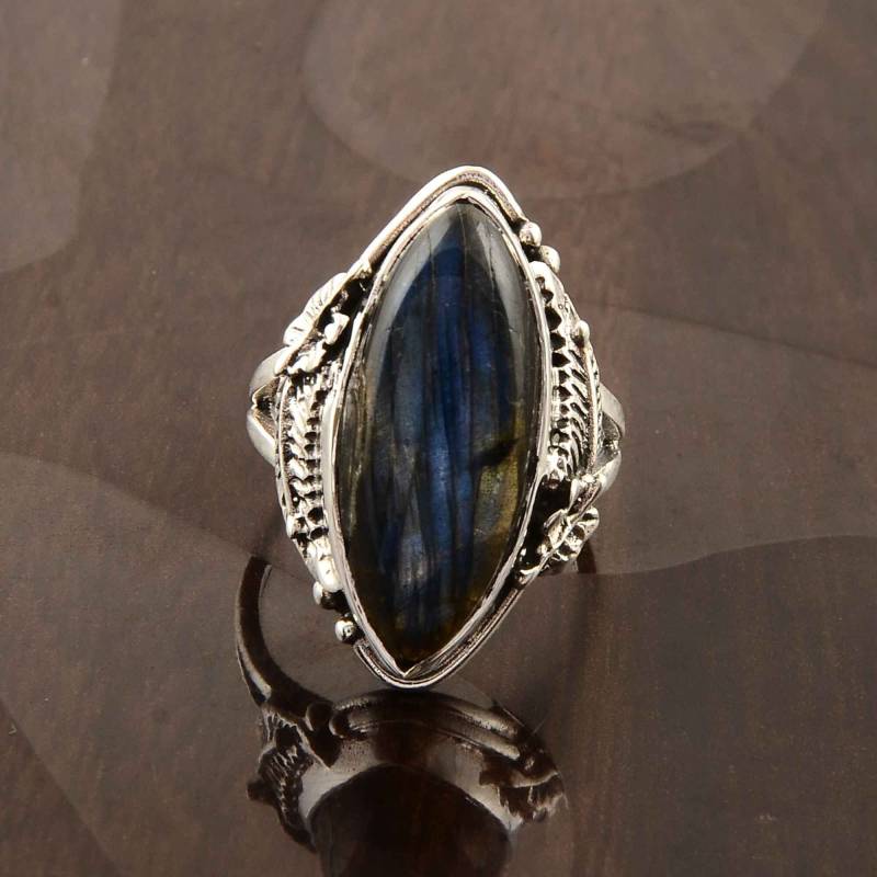 Labradorit Edelstein Ring, 925 Sterling Silber Blatt Designer Bringt Freude, Freundlichkeit Und Gute Zukunft, Schlagen Auf Valentinstag Geschenk von Designsbynikhil