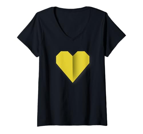 Damen Gelbes Herz, Origami-Stil, Liebessymbol-Design T-Shirt mit V-Ausschnitt von Designtigrate Origami Hearts