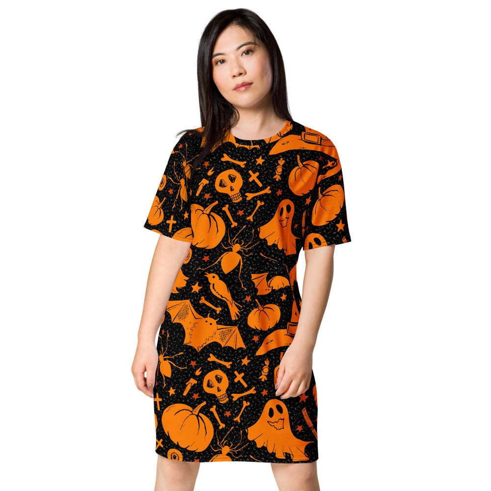 Gruseliges Kleid Damen, Totenkopf Fledermaus Kürbis Orange Halloween Frauen, Plus Size, Mädchen, Shirt Frauen von Designyouridea