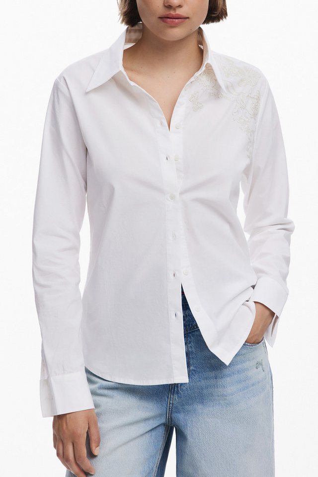 Desigual Blusenshirt Weißes Damen-Langarmhemd mit Stickerei und von Desigual