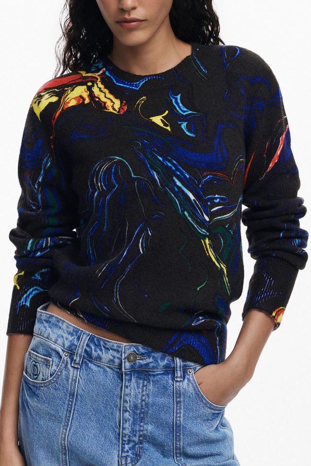 Desigual Strickpullover Damenpullover Schwarz: Modisches Langarmshirt mit Schmetterlingsmuster von Desigual