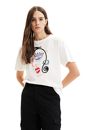 Desigual Women's TS_FACE 1000 T-Shirt, White, L von Desigual