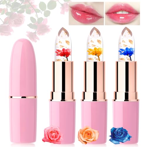 Desing Wish 3 Stück Blumen Lippenstift Set Temperaturempfindlicher Faebverändernder Pink Magic Lip Farbwechselnder Lippenstift Crystal Jelly Color Changing Flower Lipstick Lip Balm Geschenk Mädchen von Desing Wish