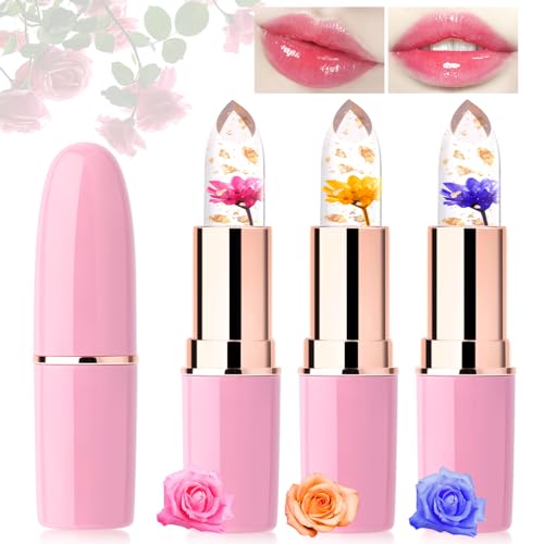 Desing Wish 3 Stück Blumen Lippenstift Set Temperaturempfindlicher Faebverändernder Pink Magic Lip Farbwechselnder Lippenstift Crystal Jelly Color Changing Flower Lipstick Lip Balm Geschenk Mädchen von Desing Wish