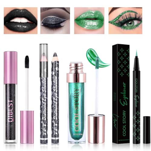 Desing Wish 4 Stück Glitzer Lippenstift Schwarzer Eyeliner Grün Lidschatten Stift Set Schwarz Lip Gloss 24 Stunden Halt Lipstick Long Lasting Lidschattenstift Eyeliner Make up Schminke Damen Geschenk von Desing Wish