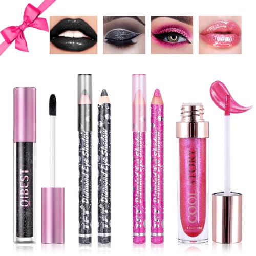 Desing Wish 4 Stück Glitzer Lippenstift Schwarzer Lidschatten Stift Set Schwarz Lip Gloss Balm Lippenstift 24 Stunden Halt Lipstick Long Lasting Pink Lidschattenstift Make up Schminke Damen Geschenk von Desing Wish