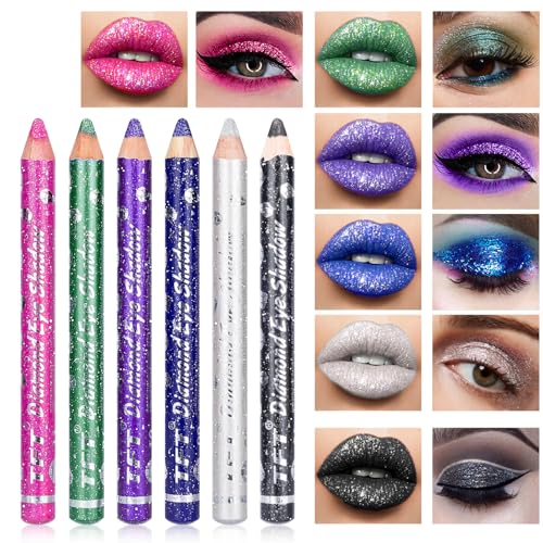 Desing Wish 6 Stück Glitzer Lidschatten Stift Lippenstift Set Lippenstift Schwarzer 24 Stunden Halt Lipstick Long Lasting Schwarz Pink Lila Gold Braun Lidschattenstift Make up Schminke Damen Geschenk von Desing Wish