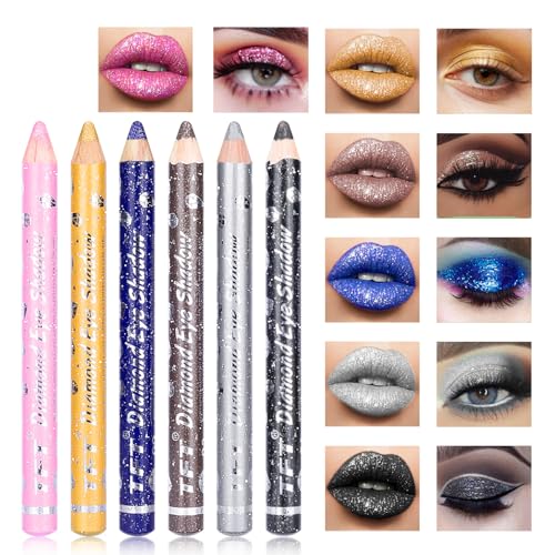 Desing Wish 6 Stück Glitzer Lidschatten Stift Lippenstift Set Lippenstift Schwarzer 24 Stunden Halt Lipstick Long Lasting Schwarz Pink Lila Gold Braun Lidschattenstift Make up Schminke Damen Geschenk von Desing Wish