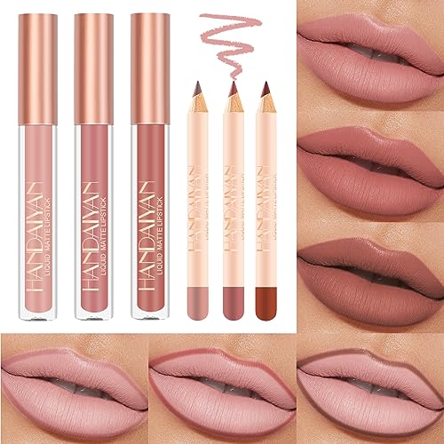 Desing Wish 6 Stück Lipliner Set Lippenstift Nude Pink Matte Lipstick Permanent Lip Liner Lip Balm Lipgloss Roter Lippenstift 24 Stunden Long Lasting Lips Kits Madame Geburtstage Geschenk von Desing Wish