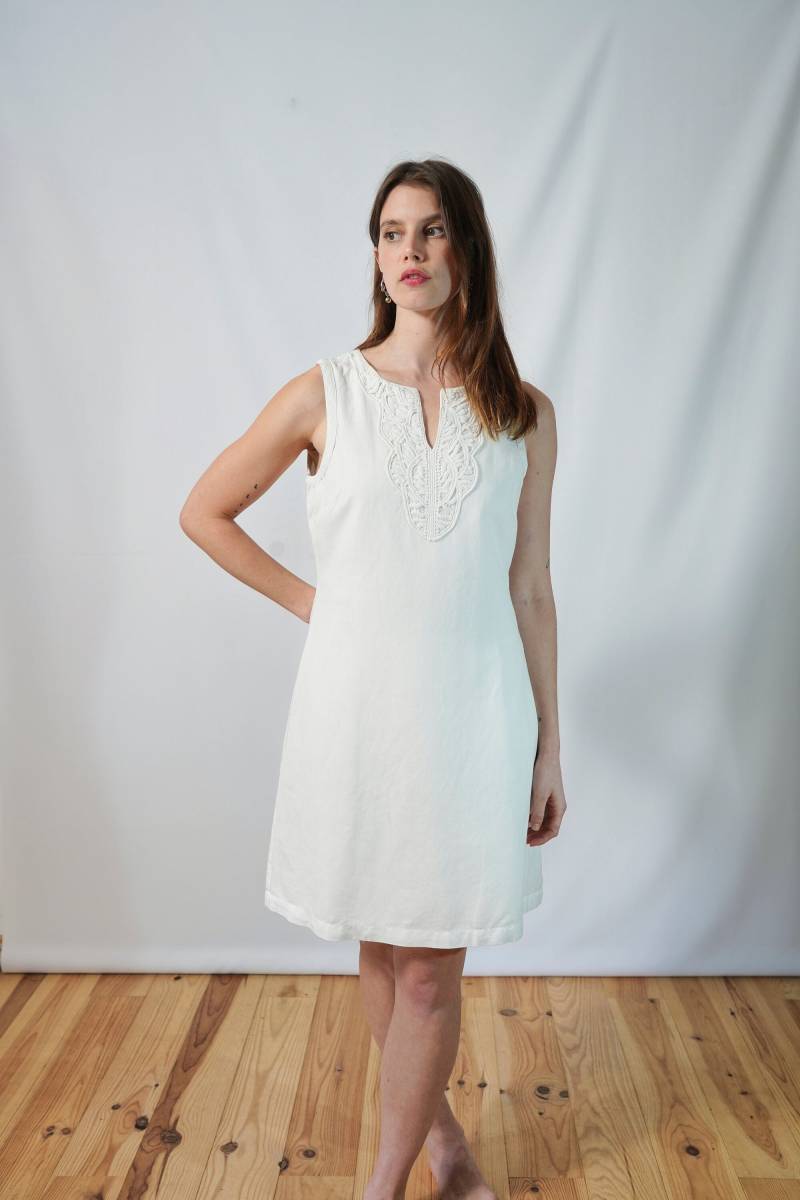 100 % Leinen Vintage Ärmelloses Weißes Kleid I Bestickt Sommerkleid Lässig Elegant Anlass von DesirClothing