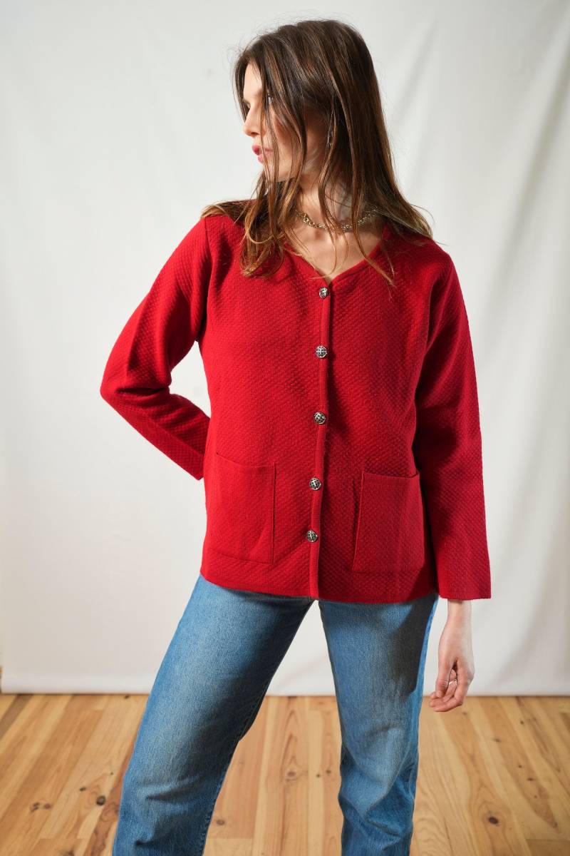 Vintage Rote Strickjacke I Damen Größe Xl Eclectic Grandpa von DesirClothing