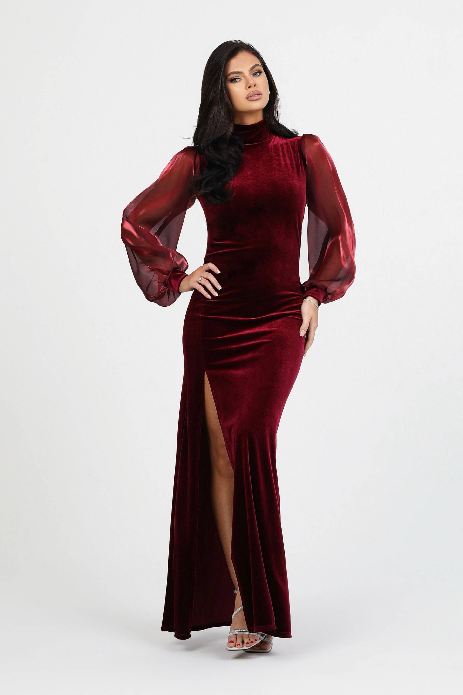 Burgundy Samt Kleid, Brautjungfer Bleistift Bodycon Hochzeitskleid, Hochzeitsgast Stehkragen Kleid von DesirCouture