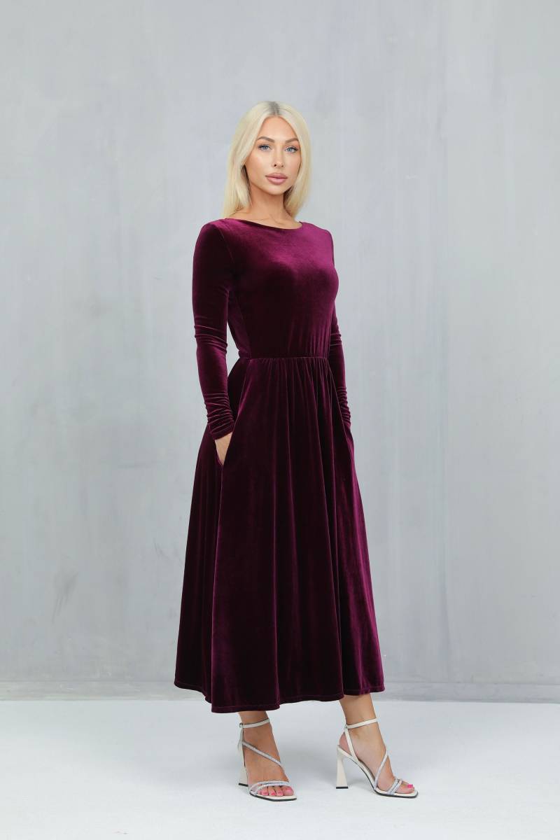 Dunkel Lila Samt Kleid, Langarm Midi Kleid Mit Taschen, Cocktail Abendkleid, Hochzeit Gast von DesirCouture