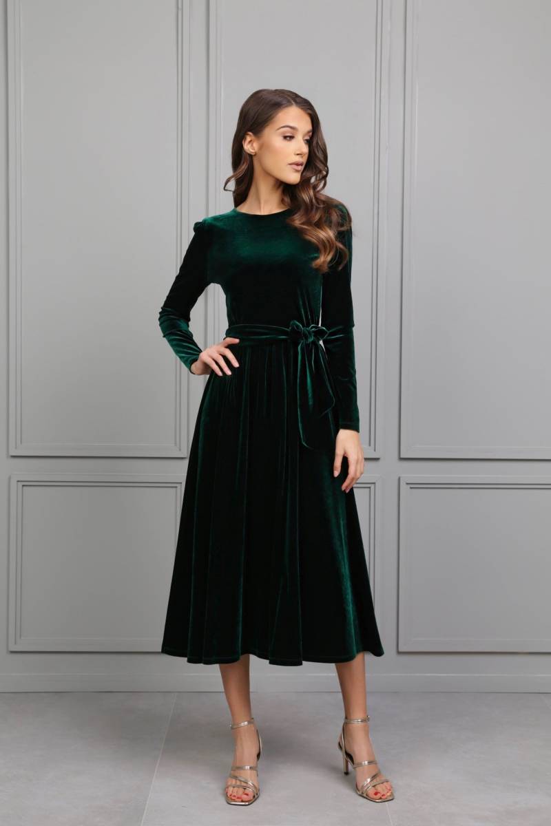 Dunkles Smaragdgrünes Samt Kleid, Midi Abendkleid, Hochzeitsgast Cocktail Elegantes Formelles Party Kleid von DesirCouture