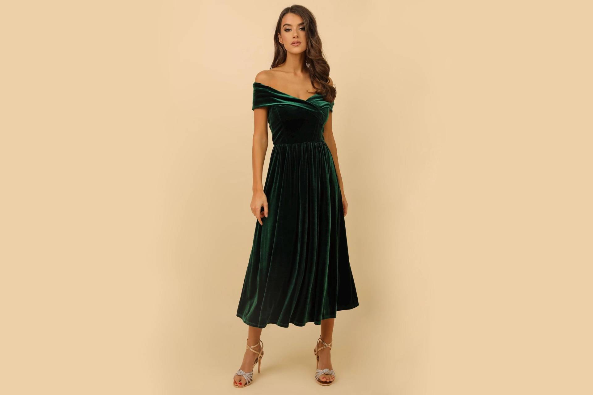 Dunkles Emerald Grünes Samt Kleid, Midi Abendkleid, Hochzeitsgast Cocktail Kleid Party Brautjungfern Elegantes von DesirCouture