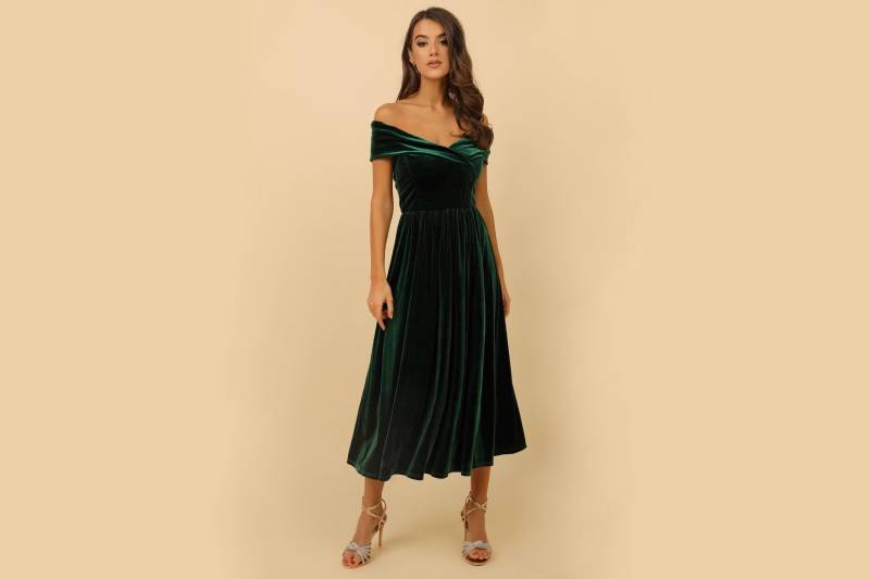 Dunkles Emerald Grünes Samt Kleid, Midi Abendkleid, Hochzeitsgast Cocktail Kleid Party Brautjungfern Elegantes von DesirCouture