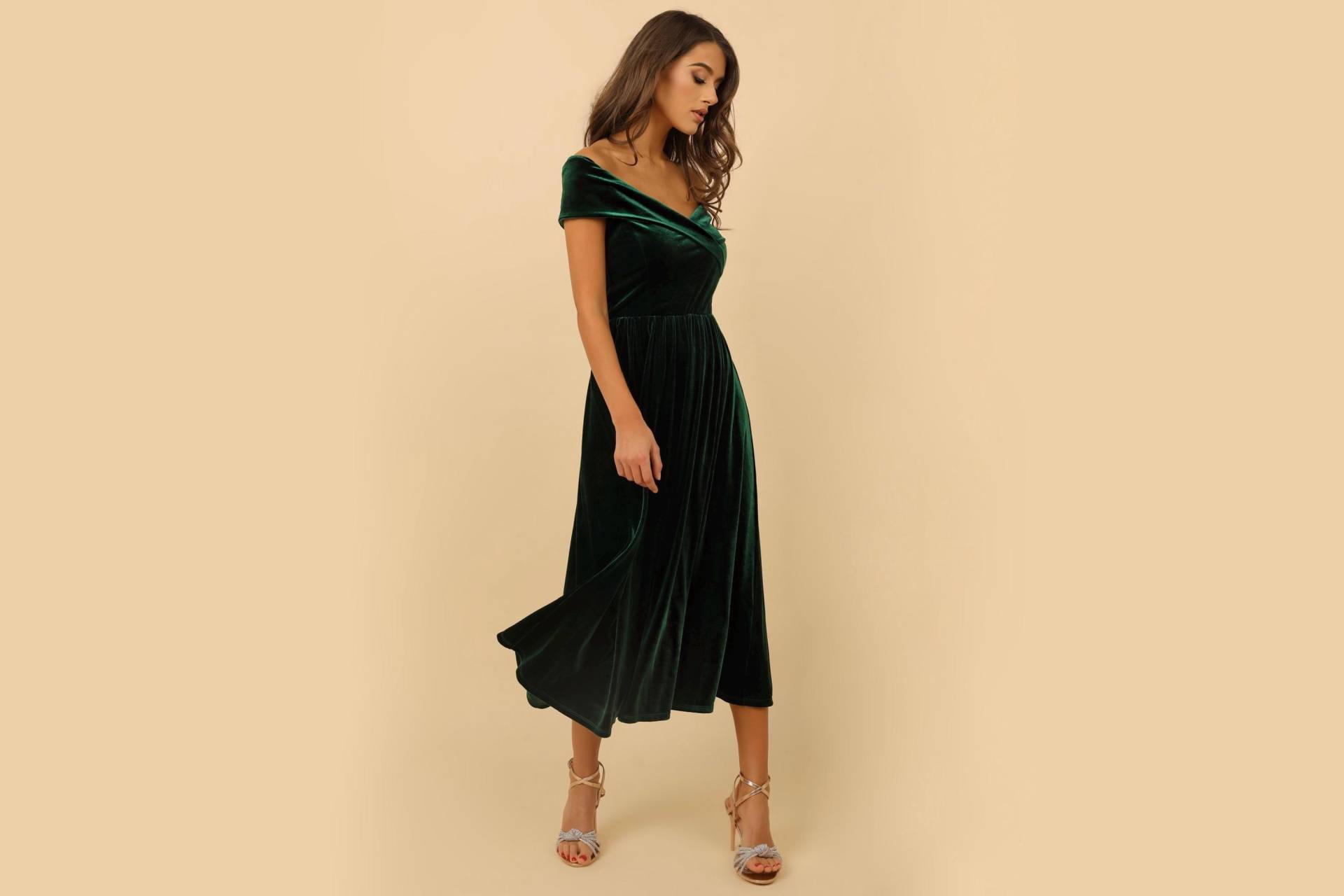 Dunkles Emerald Grünes Samt Kleid, Midi Abendkleid, Hochzeitsgast Cocktail Kleid Party Brautjungfern Elegantes von DesirCouture