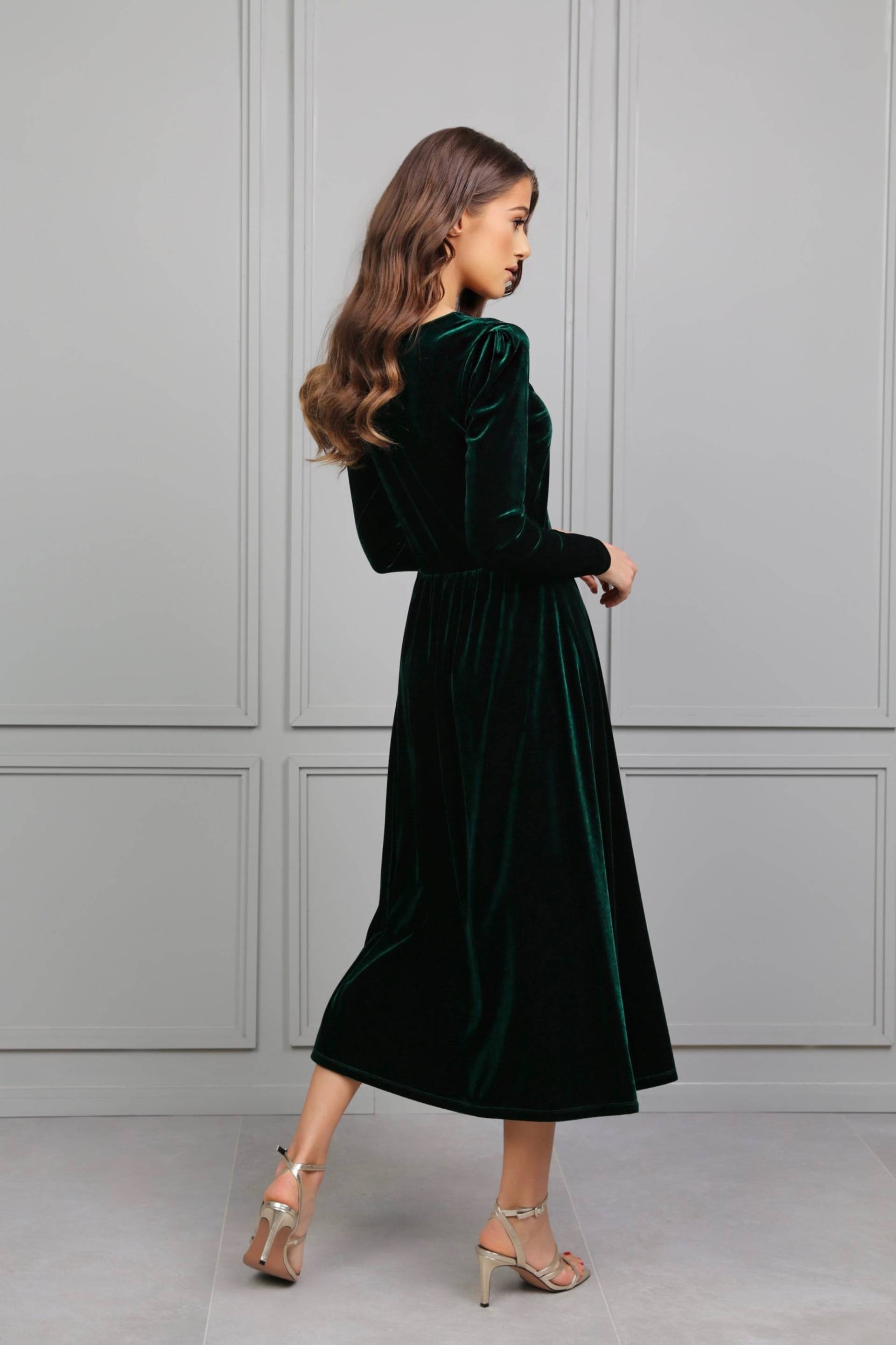 Dunkles Smaragdgrünes Samtkleid, Midikleid, Abendkleid, Hochzeitsgastkleid, Cocktailkleid, Brautjungfernkleid, Formelles Kleid von DesirCouture