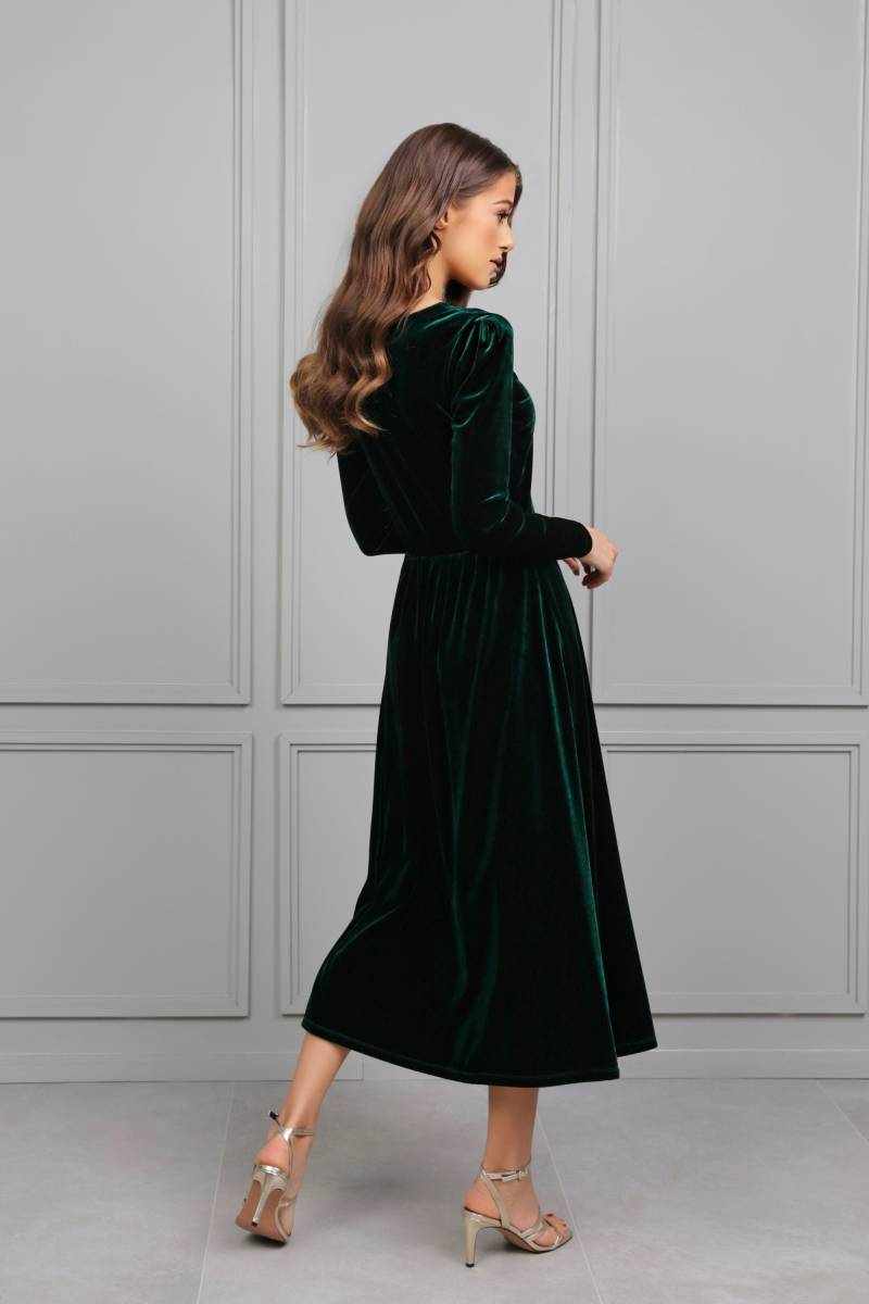 Dunkles Smaragdgrünes Samtkleid, Midikleid, Abendkleid, Hochzeitsgastkleid, Cocktailkleid, Brautjungfernkleid, Formelles Kleid von DesirCouture