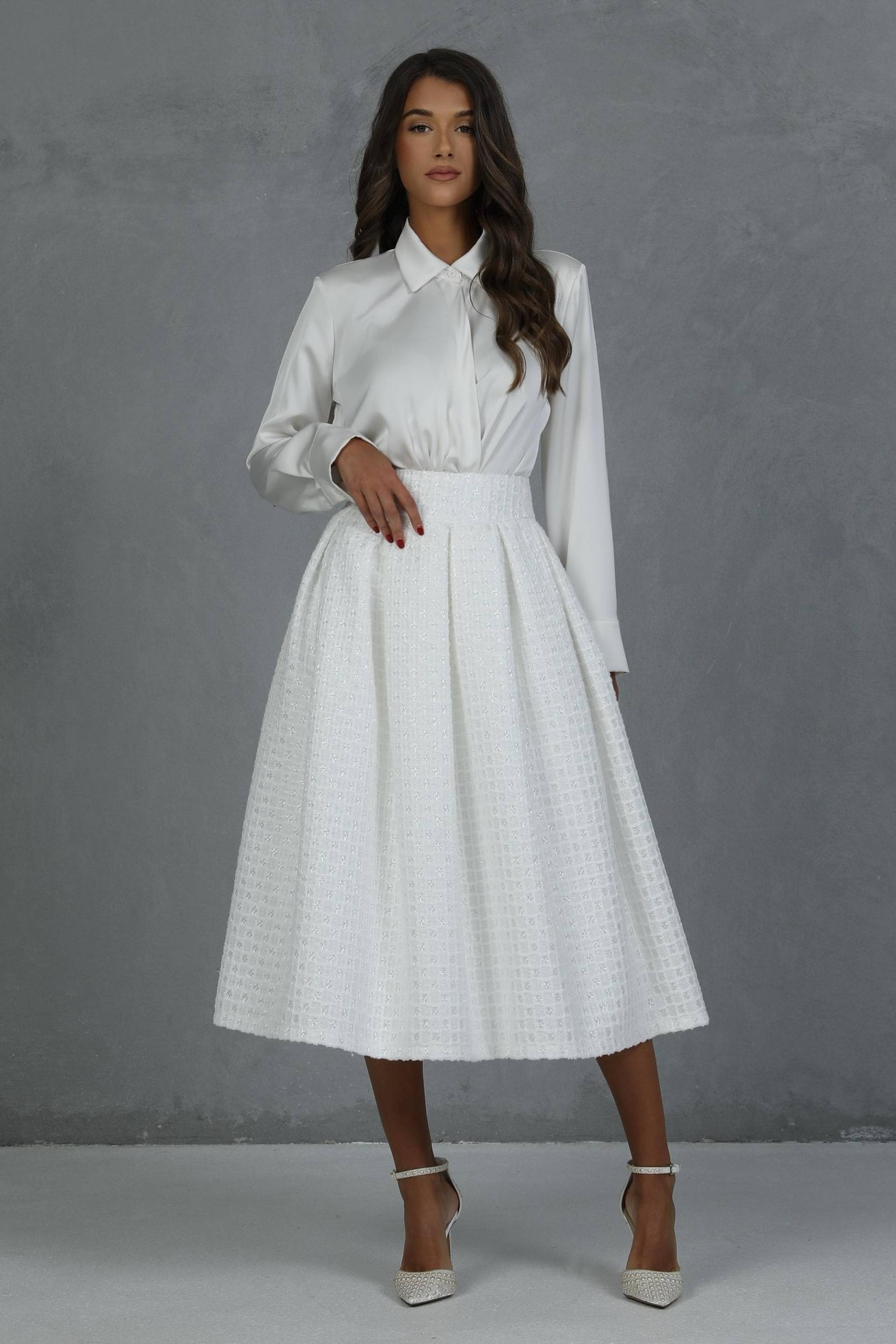 Eleganter Weißer Texturierter Midirock - High Waist Faltenrock A-Line Rock, Tweed Jacquard Rock Damen, Edles Braut- Oder Formelles Outfit von DesirCouture