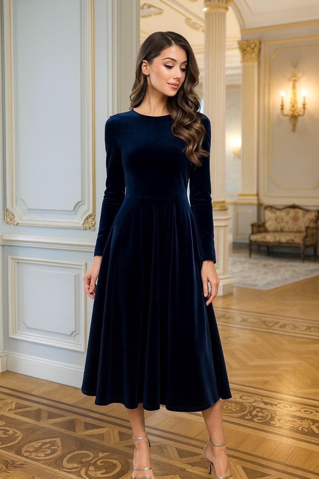 Navy Samt Midi Kleid, Langarm Elegantes Winterkleid, Formelle Abend Party Outfit von DesirCouture