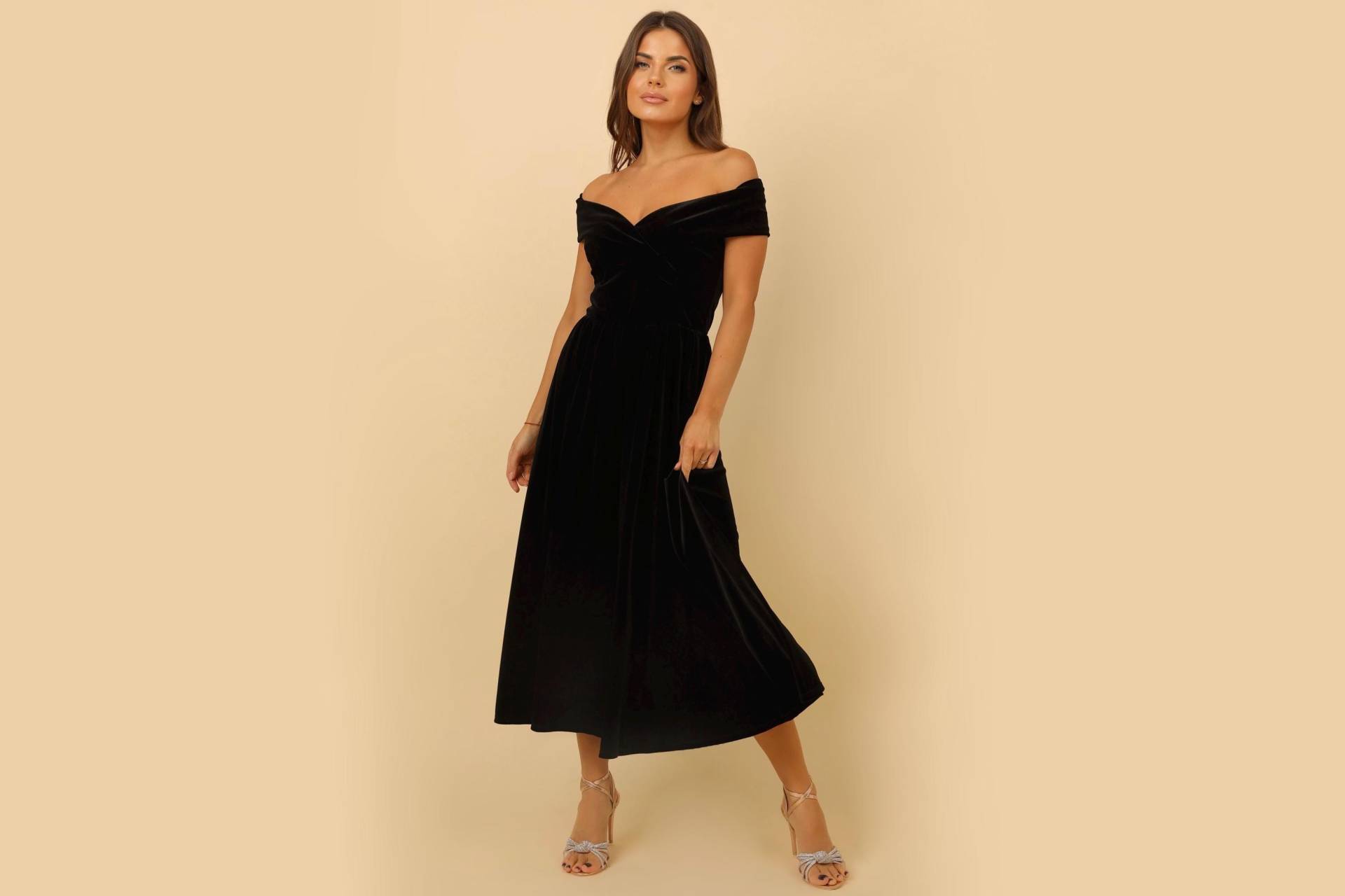 Schwarzes Kleid, Samt Midi Abendkleid, Hochzeitsgast Cocktail Party Formelles Brautjungfer Kleid von DesirCouture