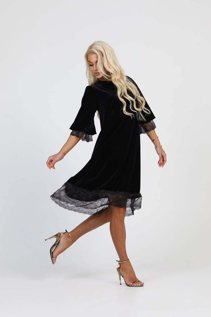 Schwarzes Kurzes Samtkleid Mit Spitze, Cocktailkleid, Partykleid, Übergroßes Kleid, Midi-Samtkleid, Tunika-Kleid von DesirCouture