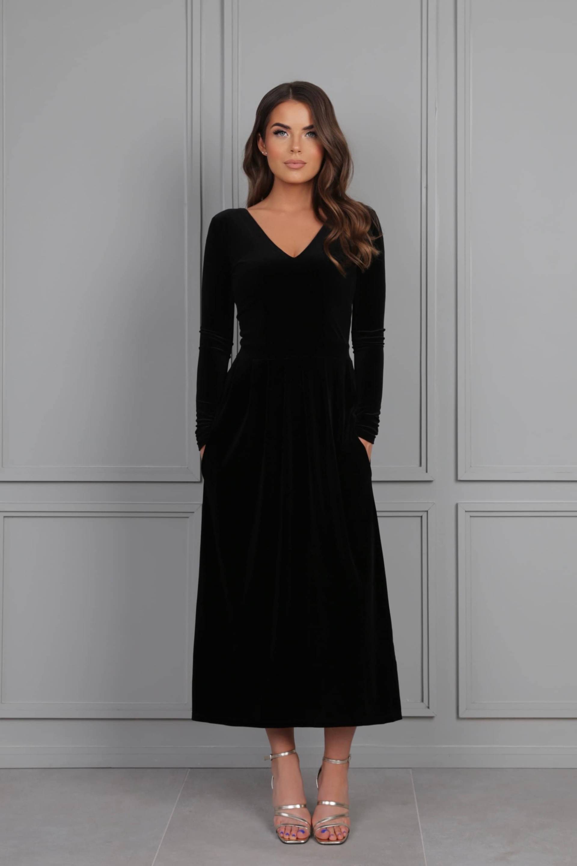 Schwarzes Samt Kleid, Midi Kleid Mit Taschen, Abendkleid, Hochzeitsgast Cocktail Party Brautjungfer Elegantes von DesirCouture