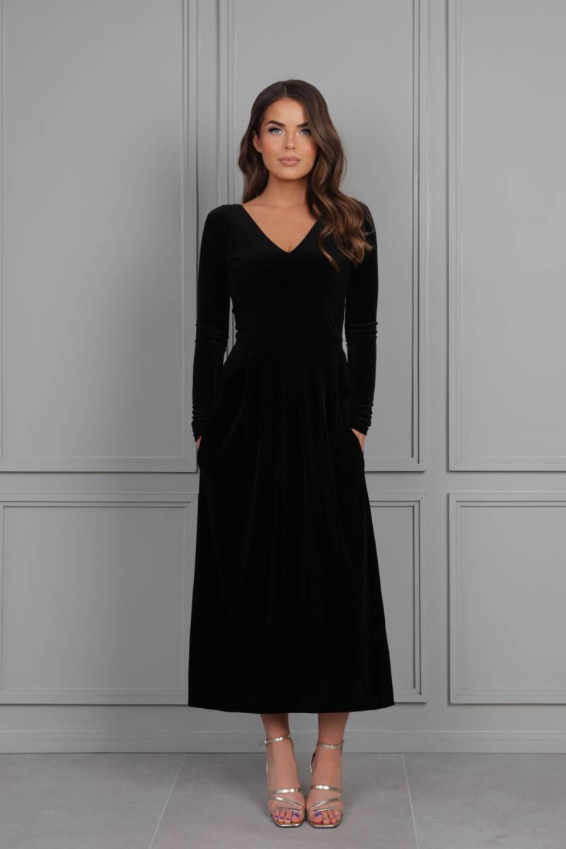 Schwarzes Samt Kleid, Midi Kleid Mit Taschen, Abendkleid, Hochzeitsgast Cocktail Party Brautjungfer Elegantes von DesirCouture