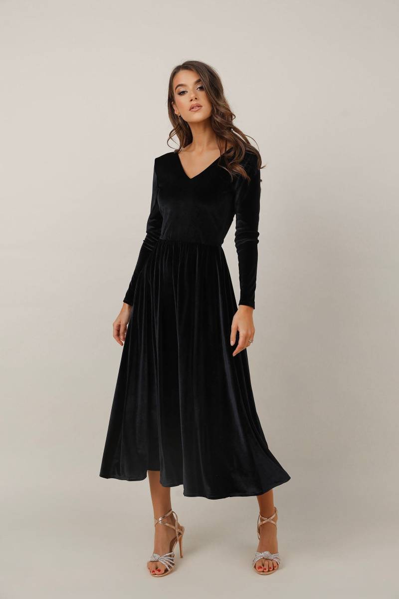 Schwarzes Samt Kleid Midi Kleid, Abendkleid, Hochzeitsgast Cocktail Party Brautjungfer Abendkleid von DesirCouture