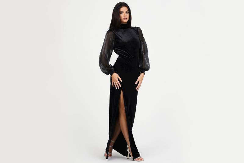 Schwarzes Samtkleid, Brautjungfernkleid, Rückenfreies Kleid, Bleistiftkleid, Figurbetontes Hochzeitskleid, Hochzeitsgastkleid, Hochgeschlossenes von DesirCouture