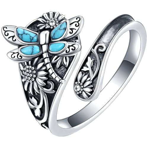 Antike Sonnenblume & Türkis Schmetterling Ring Verstellbarer Boho Stil für Frauen Vintage Libelle Geschenkbox enthalten von Deskium