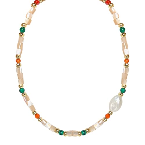 Deskium Trendige Perlen-Halskette für Frauen mit Süßwasser- und Muschelperlen, verstellbare Länge, eleganter Boho-Schmuck von Deskium