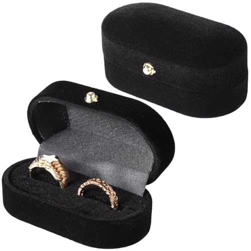 Elegante schwarze Samtringboxen (2er-Pack), ovale Form, Doppelschlitz-Etui für Verlobungs- und Eheringe von Deskium