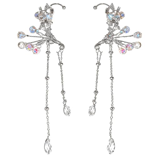 Fantasy-Elf-Ohrmanschetten mit Kristallquasten, nicht durchstochene Metall-Ohrringe, aufwendiger Brautschmuck, mutiges Mode-Accessoire von Deskium